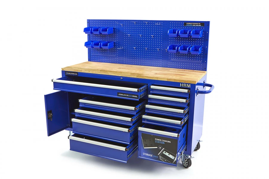 HBM Gereedschapswagen Met Achterwand, Houten Werkblad, 158 Cm, Blauw 4 HBM Gereedschapswagen Met Achterwand, Houten Werkblad, 158 Cm, Blauw - Afbeelding 2