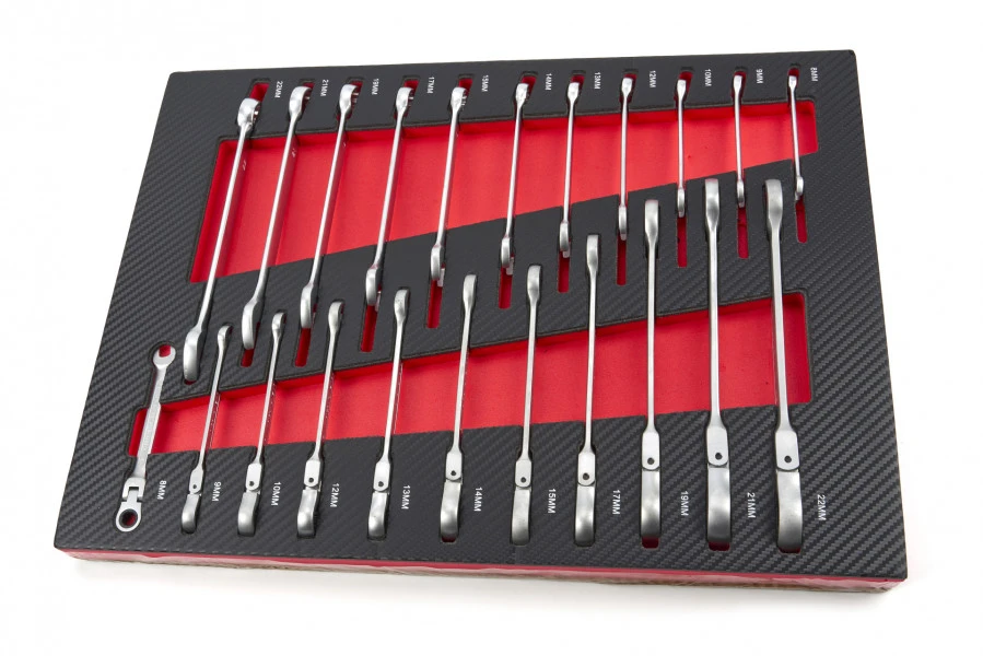 HBM 22 Delige Ring Ratel Steeksleutelset In Carbon Foam Inlay Voor Gereedschapswagen 3 HBM 22 Delige Ring Ratel Steeksleutelset In Carbon Foam Inlay Voor Gereedschapswagen