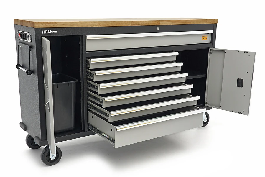 HBM Gereedschapswagen Met Houten Werkblad - 168 Cm - Grijs 5 HBM Gereedschapswagen Met Houten Werkblad - 168 Cm - Grijs - Afbeelding 3